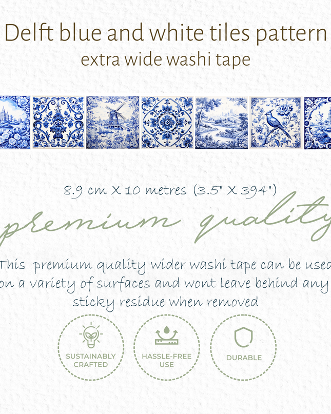 Delft blue and white tiles pattern Extra Washi Tape, Extra 8.9 cm / 3.5 inches. For journals, scrapbooks, crafts and decorating
