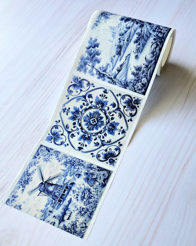 Delft blue and white tiles pattern Extra Washi Tape, Extra 8.9 cm / 3.5 inches. For journals, scrapbooks, crafts and decorating