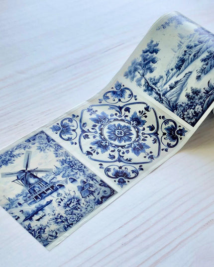 Delft blue and white tiles pattern Extra Washi Tape, Extra 8.9 cm / 3.5 inches. For journals, scrapbooks, crafts and decorating