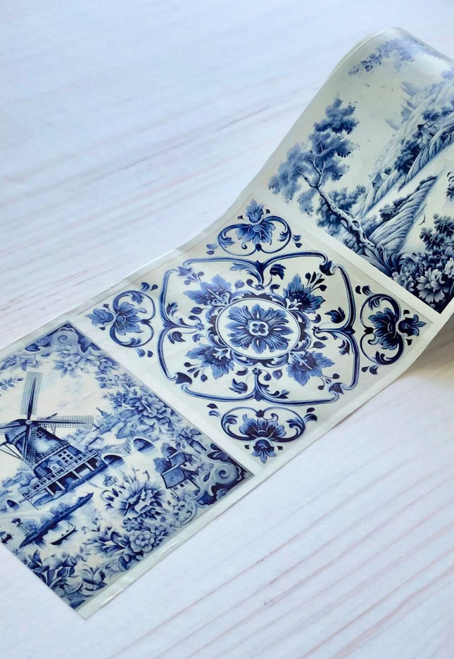 Delft blue and white tiles pattern Extra Washi Tape, Extra 8.9 cm / 3.5 inches. For journals, scrapbooks, crafts and decorating