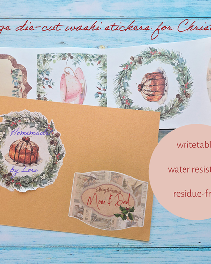 Vintage Christmas washi sticker labels - large size, die cut. Writeable, re-useable, leaves no sticky residue.