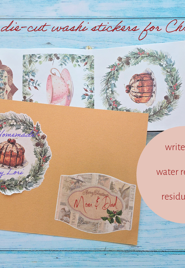 Vintage Christmas washi sticker labels - large size, die cut. Writeable, re-useable, leaves no sticky residue.