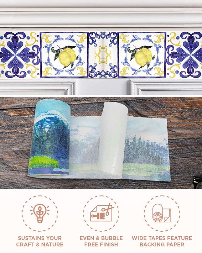 Mediterranean Italian Spanish gold tiles washi tape for scrapbooks, jounrals, crafts, decoupage or decorating, wall decor. EXTRA WIDE TAPE!