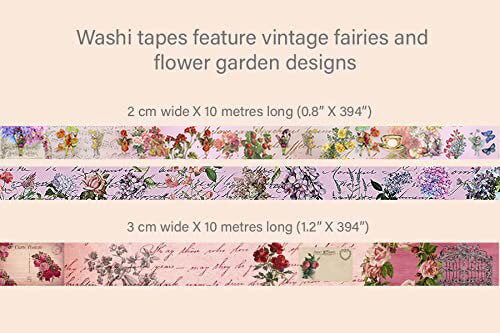 Vintage Fairy Rose Garden Tea Party washi Sticker Tape. Set of 3 Rolls. for scrapbooks, decoupage, crafts and decorating