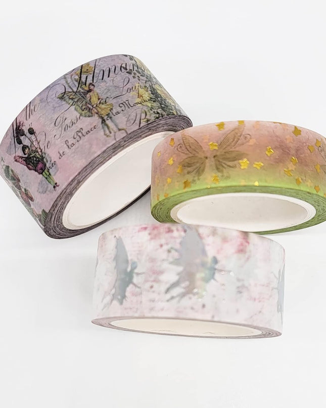 Serenity Fair Fairy Garden washi Tapes (Vintage Fairy Garden Gold foil). Extra long 10 metre / 33 feet tape rolls