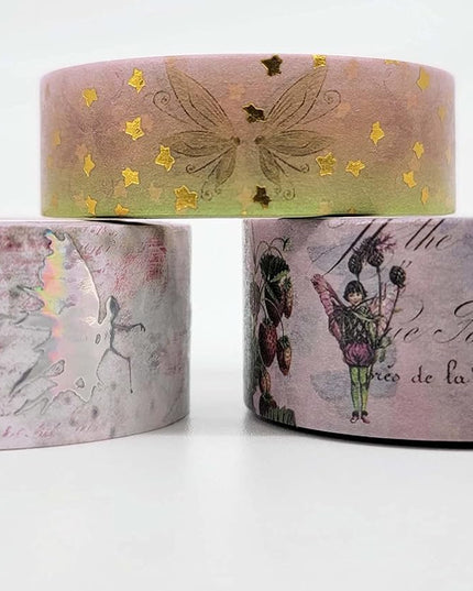 Serenity Fair Fairy Garden washi Tapes (Vintage Fairy Garden Gold foil). Extra long 10 metre / 33 feet tape rolls
