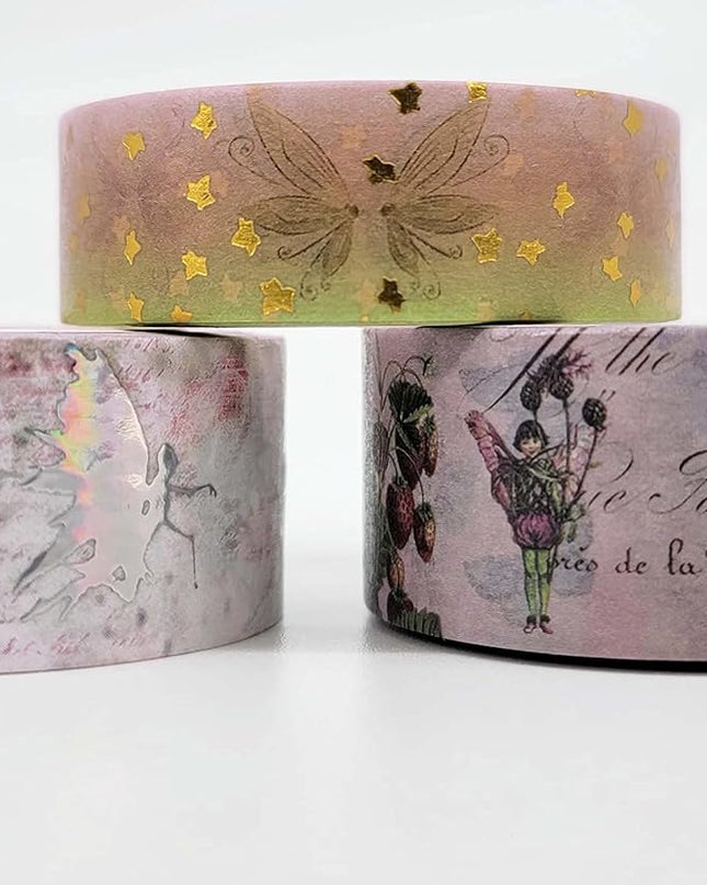 Serenity Fair Fairy Garden washi Tapes (Vintage Fairy Garden Gold foil). Extra long 10 metre / 33 feet tape rolls