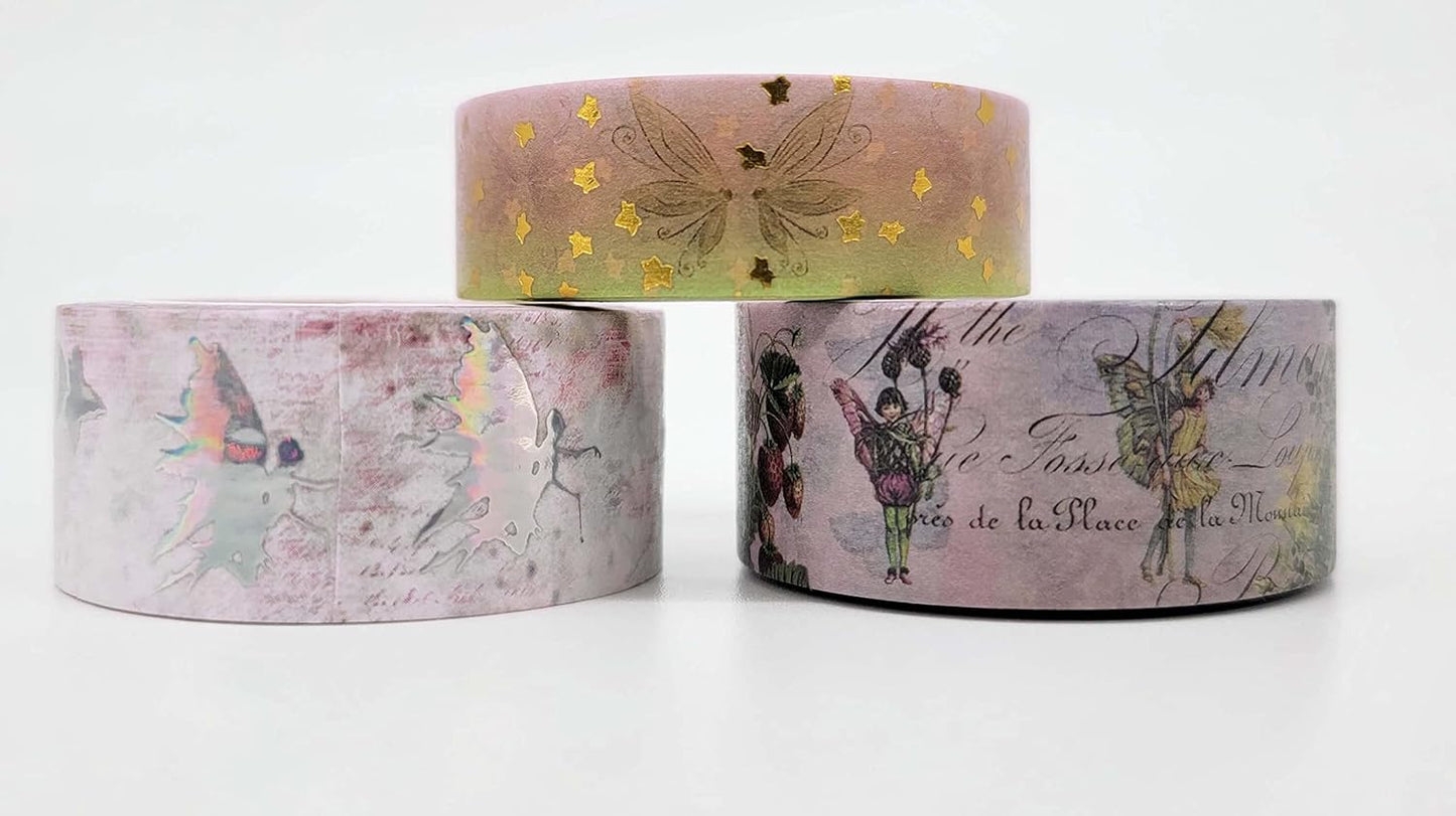 Serenity Fair Fairy Garden washi Tapes (Vintage Fairy Garden Gold foil). Extra long 10 metre / 33 feet tape rolls