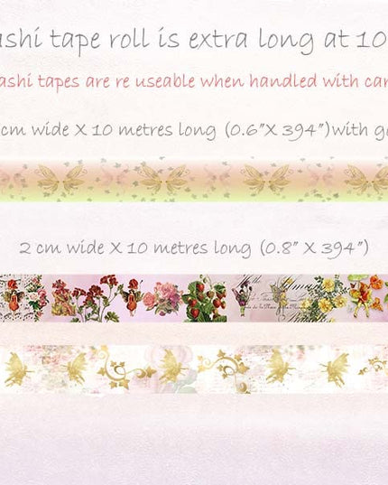 Serenity Fair Fairy Garden washi Tapes (Vintage Fairy Garden Gold foil). Extra long 10 metre / 33 feet tape rolls