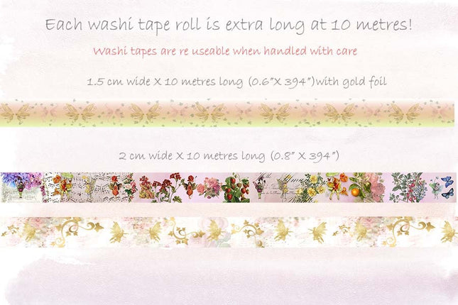 Serenity Fair Fairy Garden washi Tapes (Vintage Fairy Garden Gold foil). Extra long 10 metre / 33 feet tape rolls