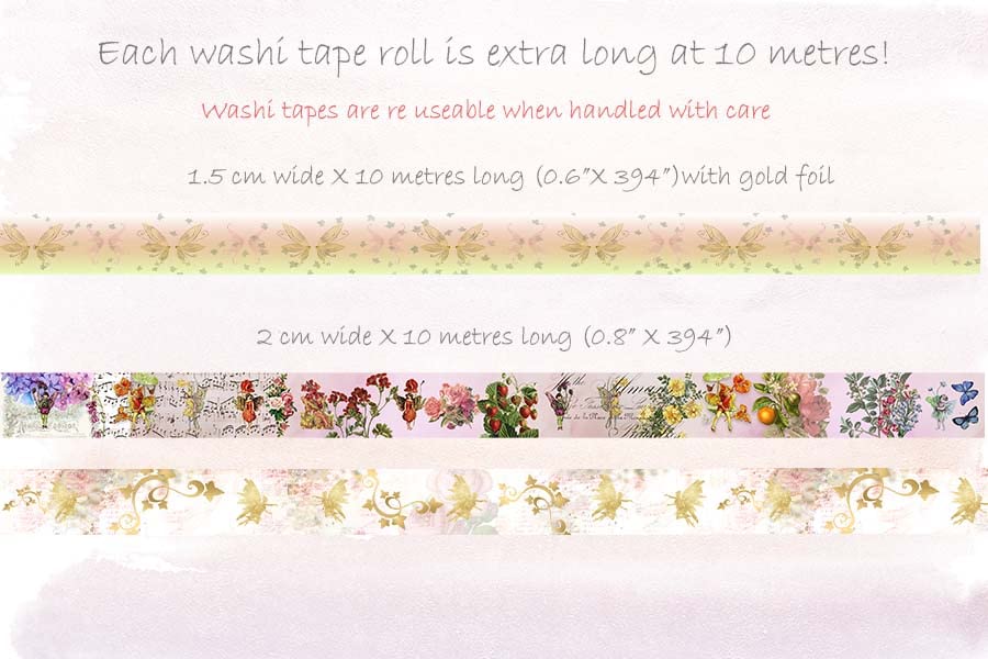 Serenity Fair Fairy Garden washi Tapes (Vintage Fairy Garden Gold foil). Extra long 10 metre / 33 feet tape rolls