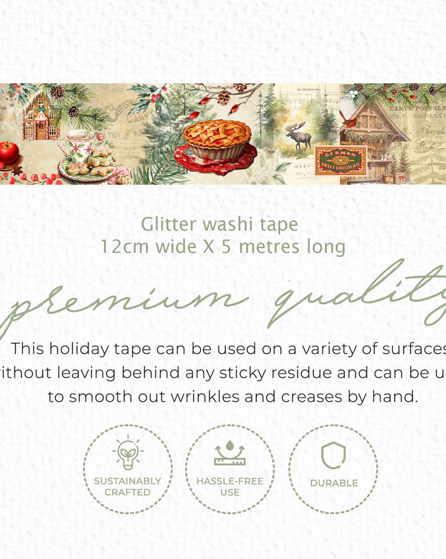 Woodland Christmas Extra Wide GLITTER washi Sticker Tape. Extra-Long 10 meters for Decorating, decoupage, Crafts, temporary Wallpaper Border