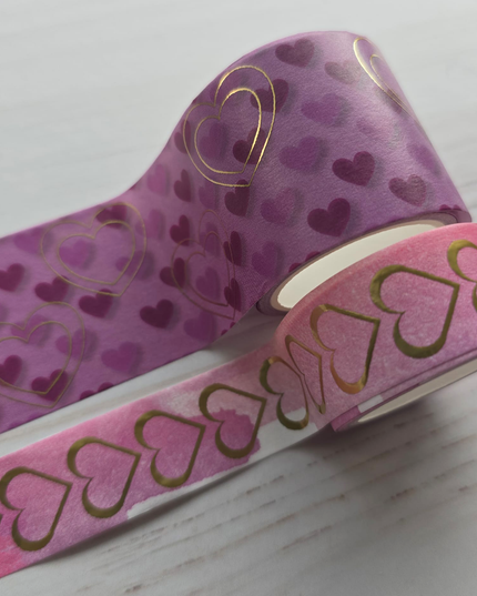 💖 Pink &amp; Gold Foil Hearts Wide Washi Tape Set ✨