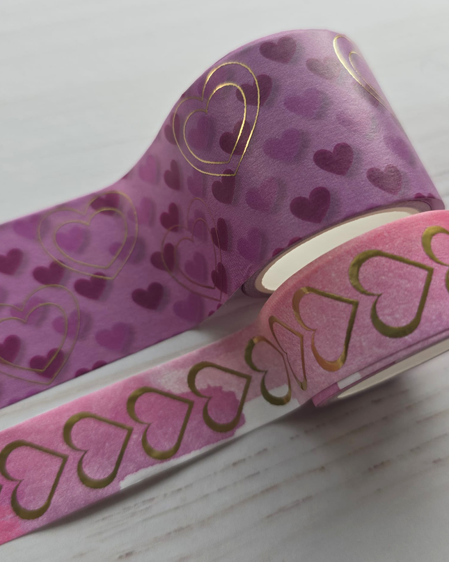 💖 Pink &amp; Gold Foil Hearts Wide Washi Tape Set ✨