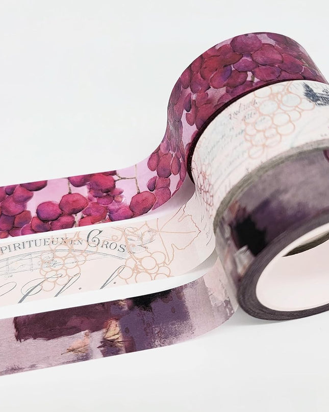 Grape Wine Gold foil washi Tapes Set for scrapbooks, journals, Crafts, Decorating and Gifts