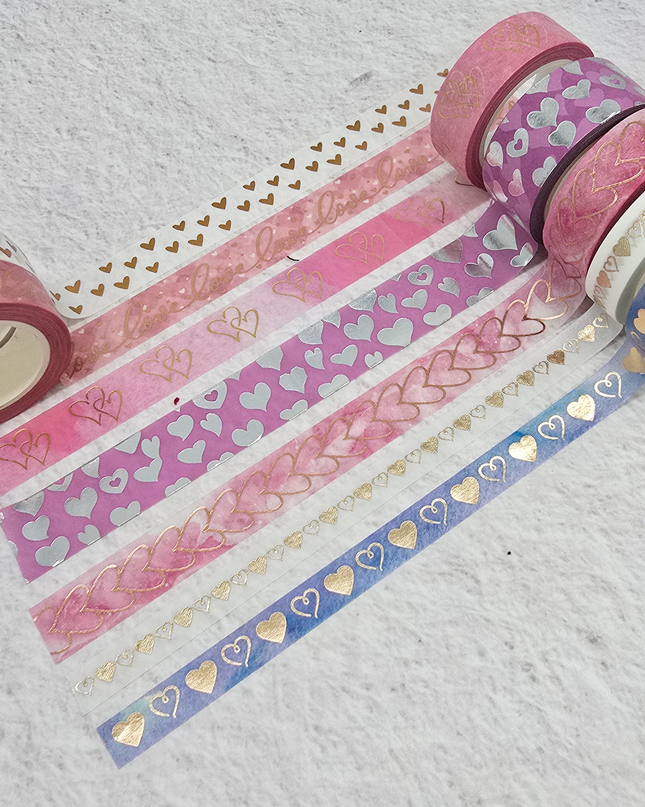 Glitter hearts washi tapes set with gold foil. Set of 7 extra long rolls