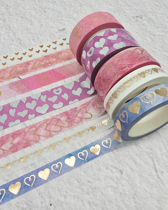 Glitter hearts washi tapes set with gold foil. Set of 7 extra long rolls