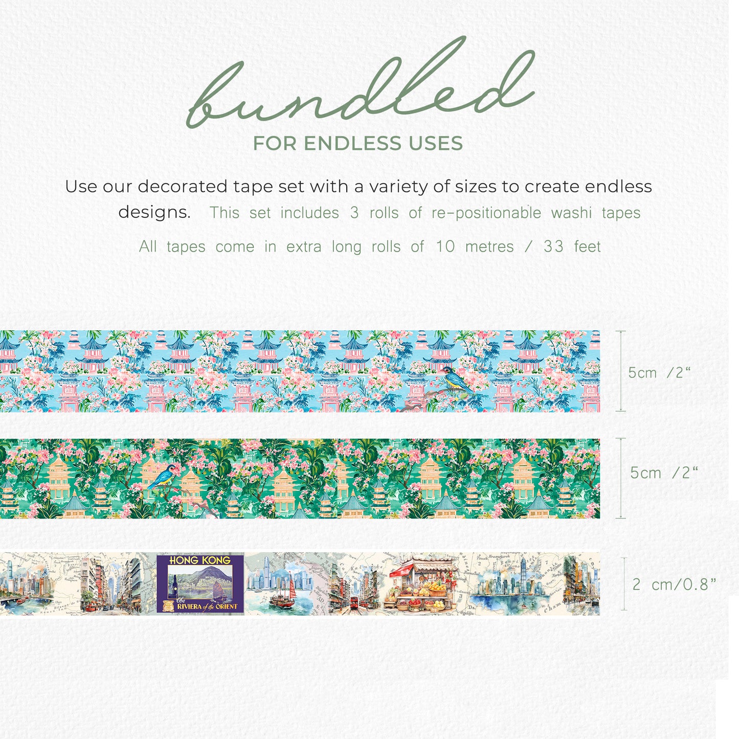 Hong Kong vintage theme washi sticker tapes - HK harbor, Chinese sailing junk, water color pagodas, birds. For scrapbooks, journals, crafts