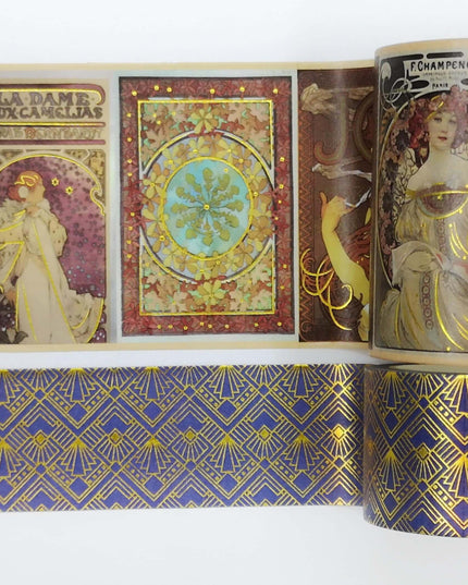 Alphonse Mucha Art Nouveau Feuille d’or washi Tape Ensemble de 2 rouleaux. Bandes extra larges et longues ! Pour les albums, l'artisanat, les cartes de bricolage et la décoration
