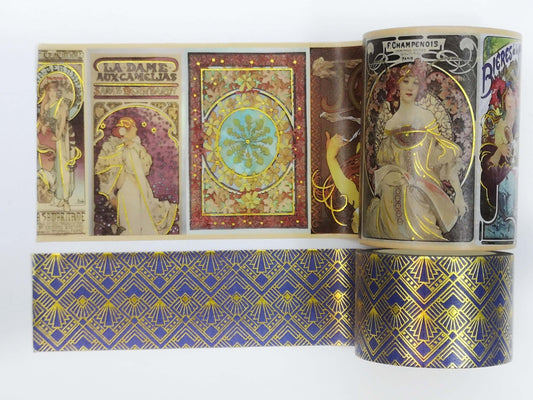 Alphonse Mucha Art Nouveau Gold foil washi Tape Set of 2 Rolls. Extra Wide & Long Tapes! For scrapbooks, crafts, DIY cards and decorating