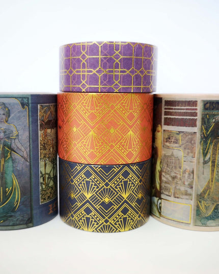 Deluxe Alphonse Mucha Art Nouveau Gold foil washi tapes set of 5 rolls. EXTRA WIDE / LONG tapes!