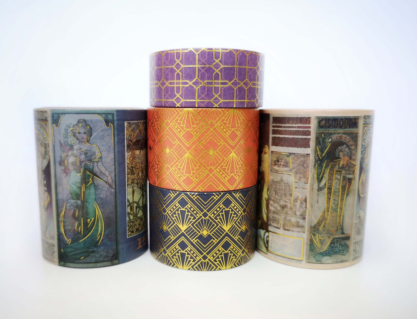 Deluxe Alphonse Mucha Art Nouveau Gold foil washi tapes set of 5 rolls. EXTRA WIDE / LONG tapes!