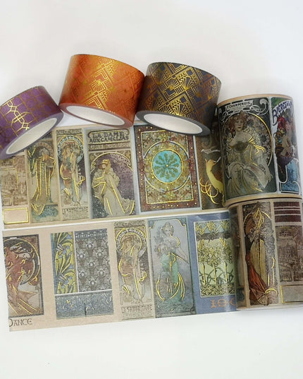 Deluxe Alphonse Mucha Art Nouveau Gold foil washi tapes set of 5 rolls. EXTRA WIDE / LONG tapes!