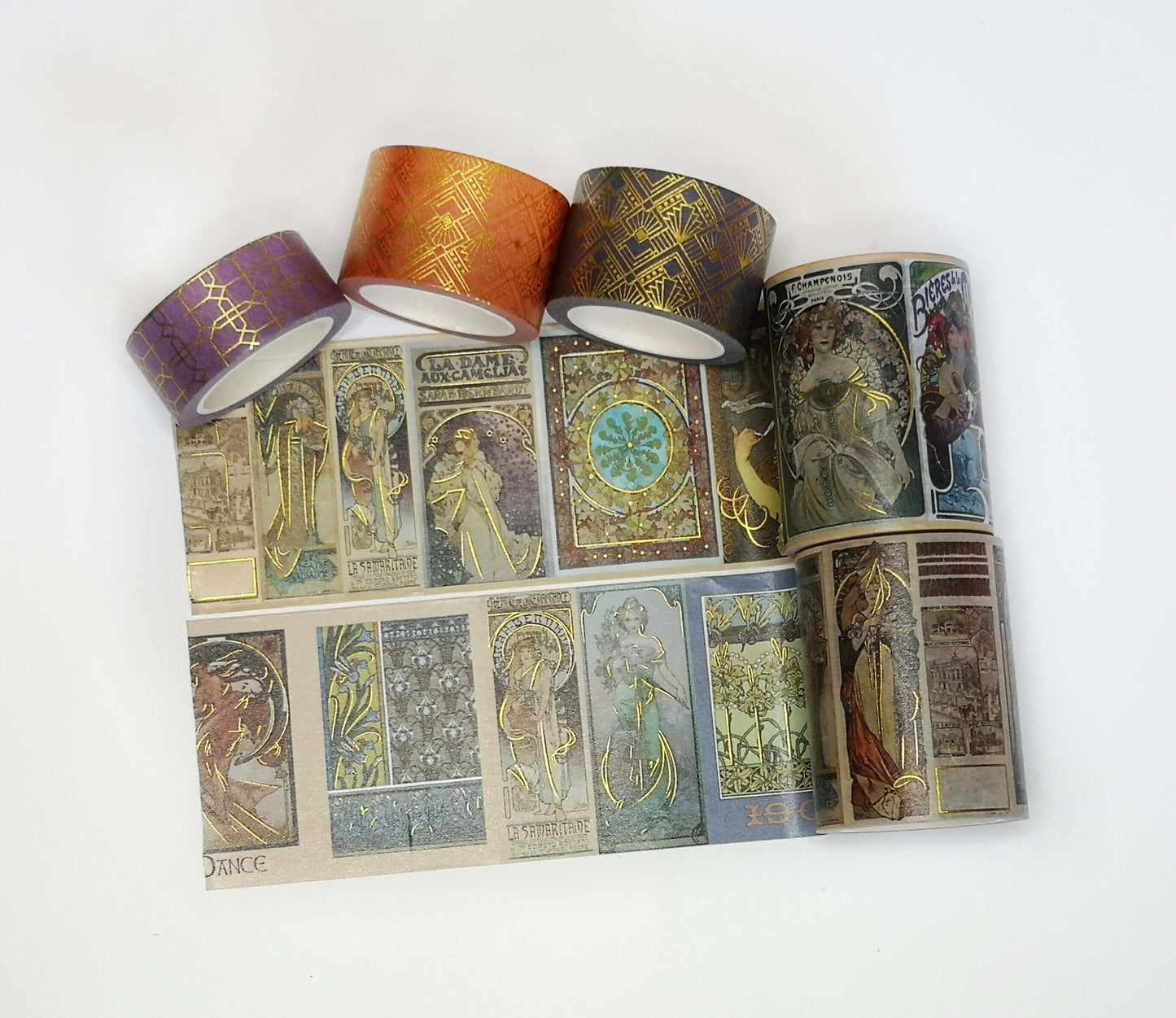 Deluxe Alphonse Mucha Art Nouveau Gold foil washi tapes set of 5 rolls. EXTRA WIDE / LONG tapes!