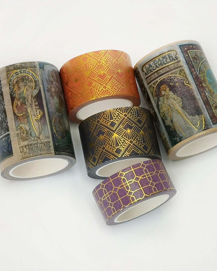 Deluxe Alphonse Mucha Art Nouveau Gold foil washi tapes set of 5 rolls. EXTRA WIDE / LONG tapes!