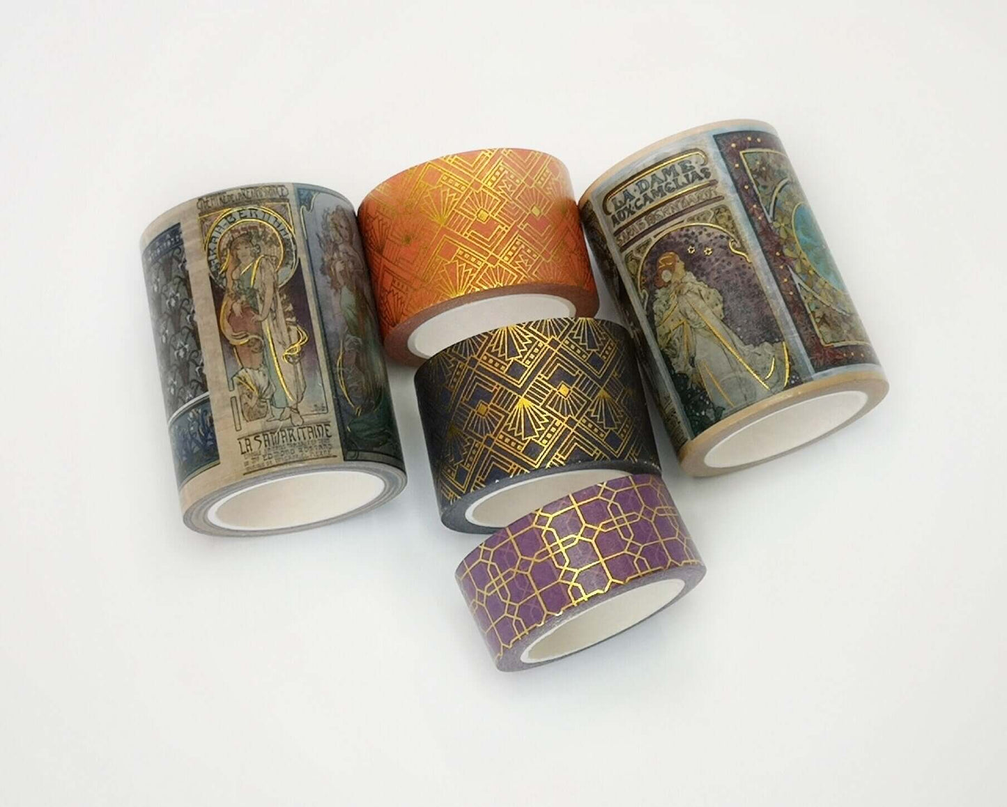 Deluxe Alphonse Mucha Art Nouveau Gold foil washi tapes set of 5 rolls. EXTRA WIDE / LONG tapes!