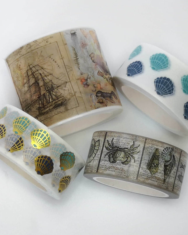 Sea beach sailboats and anchors washi tape set of  4 rolls. Incl EXTRA LONG tape 10 m.  For scrapbooks, gift wrap, crafts, and decoupage