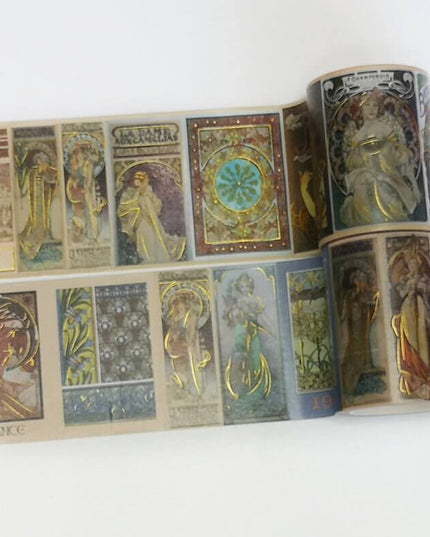 Deluxe Alphonse Mucha Art Nouveau Gold foil washi tapes set of 5 rolls. EXTRA WIDE / LONG tapes!