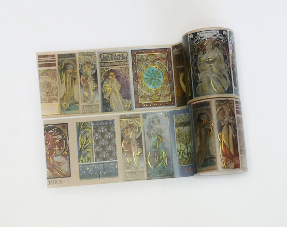 Deluxe Alphonse Mucha Art Nouveau Gold foil washi tapes set of 5 rolls. EXTRA WIDE / LONG tapes!