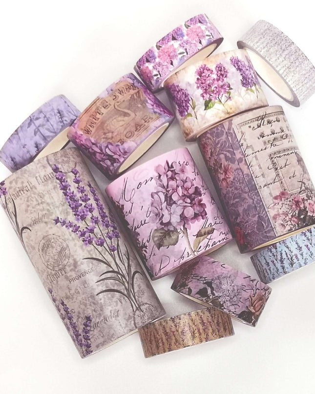 Lavender, Hydrangea, Lilacs, Wisteria, & Other Purple Flowers Themed washi Tapes. Set of 11 Extra Long (10 m/394") Rolls.