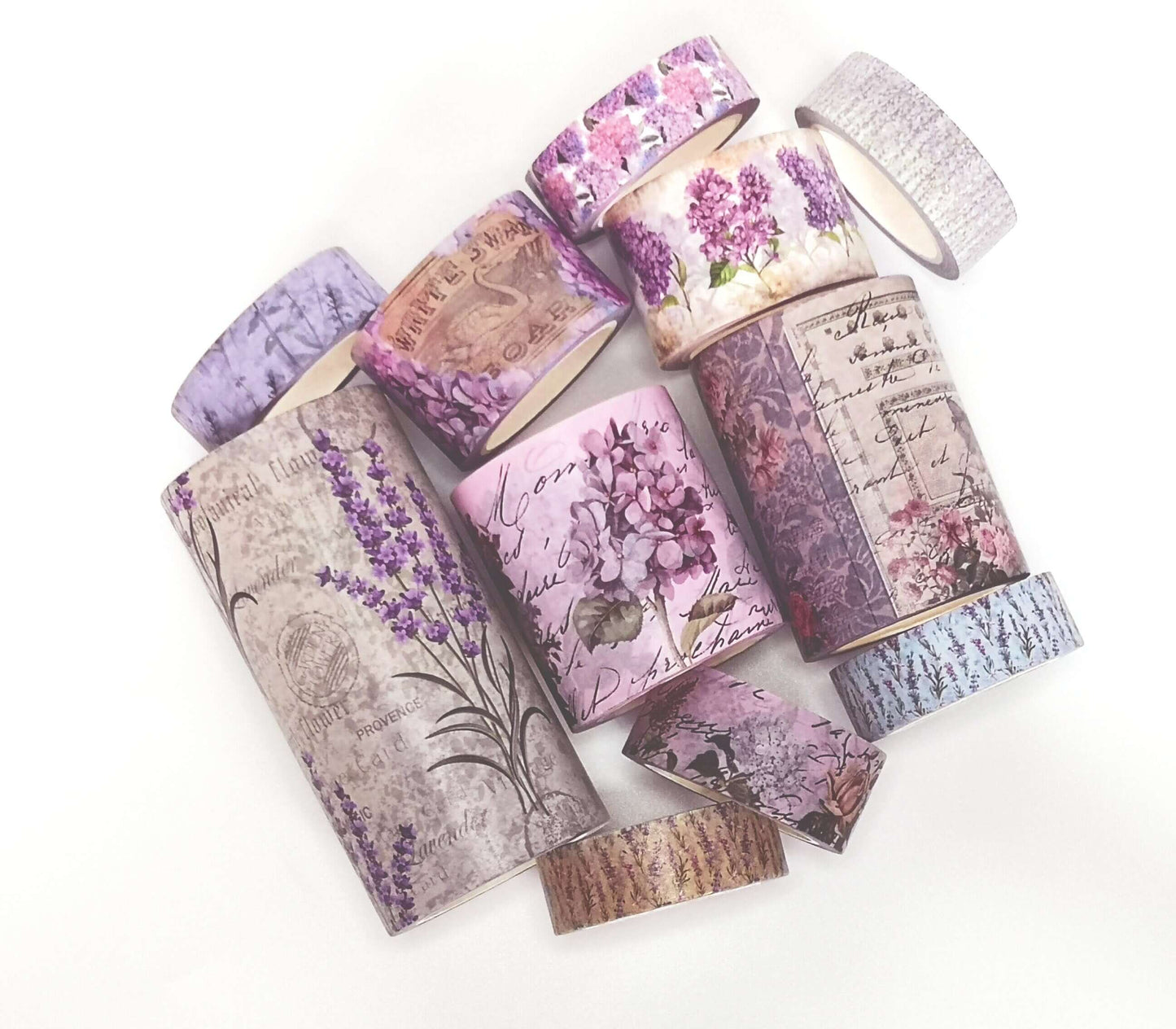 Lavender, Hydrangea, Lilacs, Wisteria, & Other Purple Flowers Themed washi Tapes. Set of 11 Extra Long (10 m/394") Rolls.