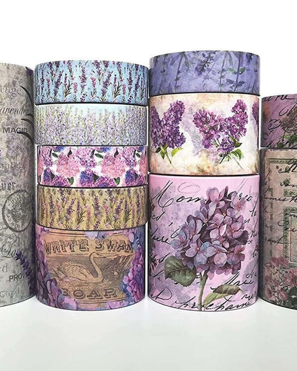 Lavender, Hydrangea, Lilacs, Wisteria, & Other Purple Flowers Themed washi Tapes. Set of 11 Extra Long (10 m/394") Rolls.
