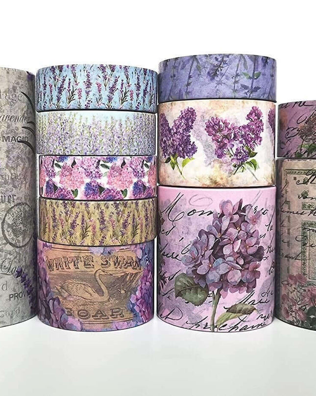Lavender, Hydrangea, Lilacs, Wisteria, & Other Purple Flowers Themed washi Tapes. Set of 11 Extra Long (10 m/394") Rolls.