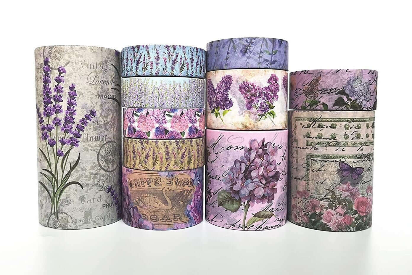 Lavender, Hydrangea, Lilacs, Wisteria, & Other Purple Flowers Themed washi Tapes. Set of 11 Extra Long (10 m/394") Rolls.