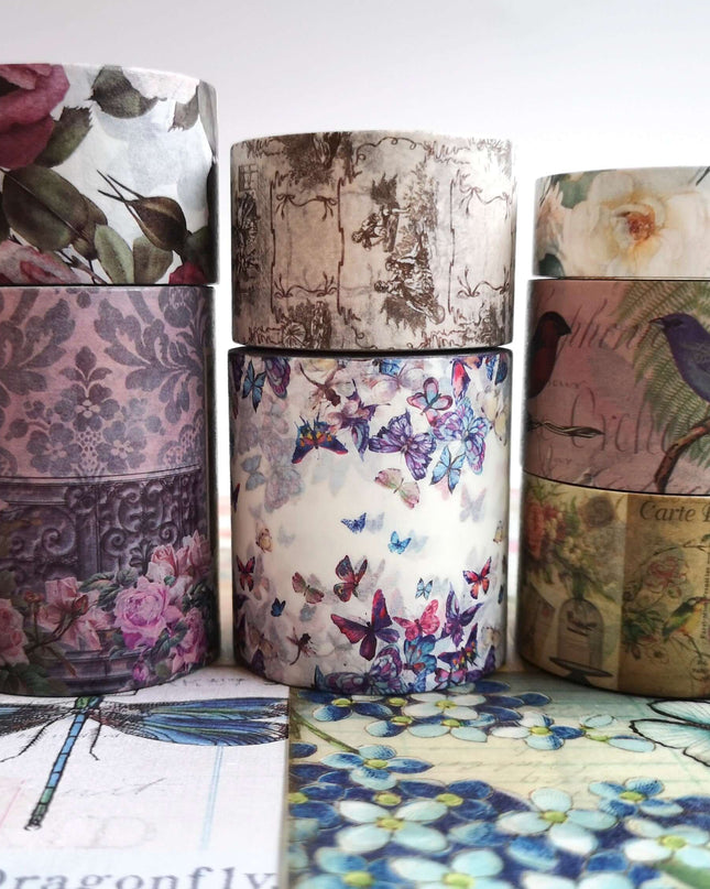 Ruban washi vintage avec roses antiques et fleurs (7 rouleaux), feuilles d'autocollants et ensemble de papier pour scrapbooking.
