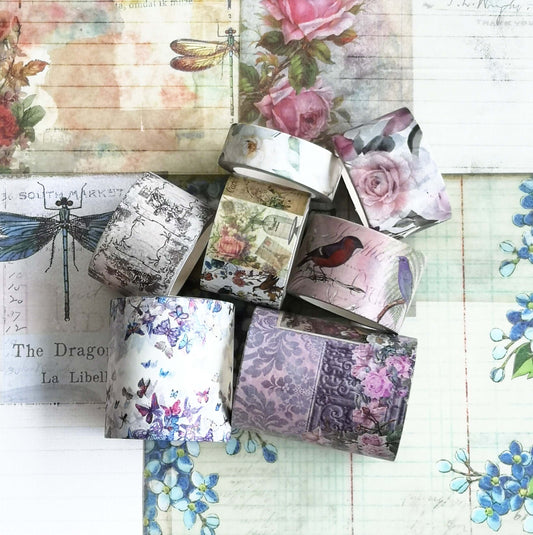 Vintage Antique Roses and Florals washi Tape (7 Rolls), Sticker Sheets and Scrapbook Paper Set.