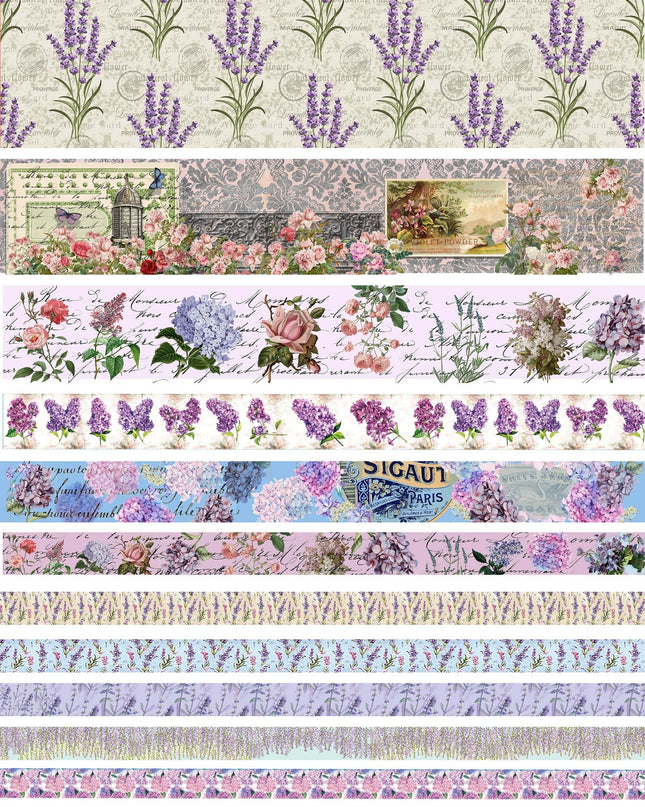 Lavender, Hydrangea, Lilacs, Wisteria, & Other Purple Flowers Themed washi Tapes. Set of 11 Extra Long (10 m/394") Rolls.