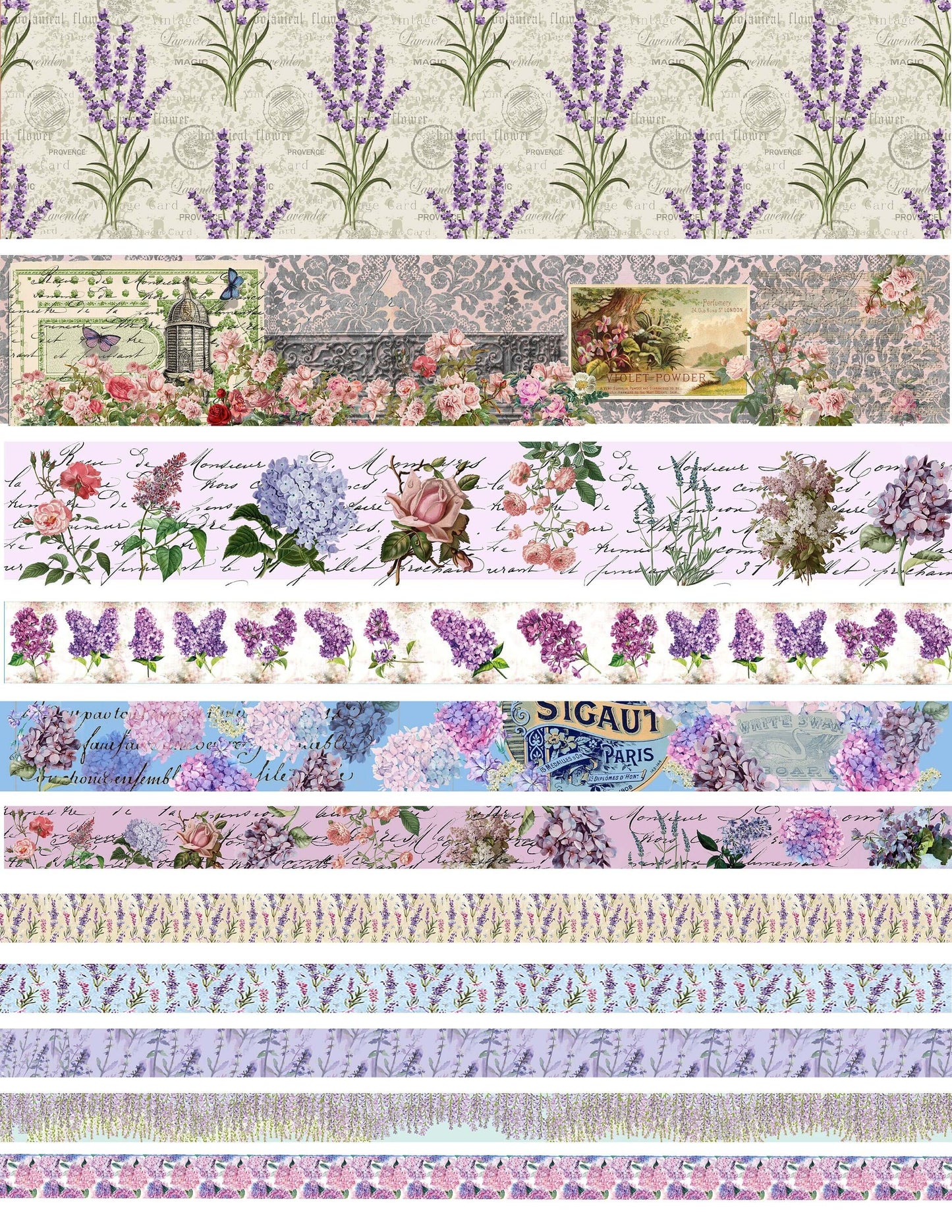 Lavender, Hydrangea, Lilacs, Wisteria, & Other Purple Flowers Themed washi Tapes. Set of 11 Extra Long (10 m/394") Rolls.