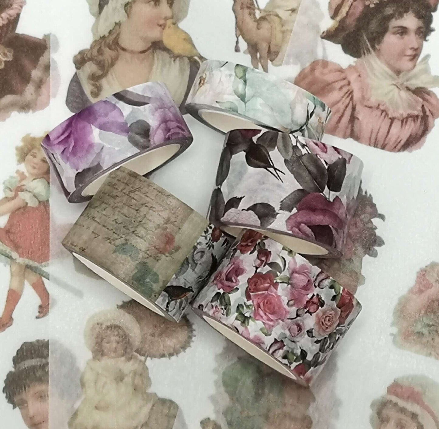 Vintage Victorian Roses Valentines Day washi Tape & Sticker Set. Incl Extra Wide Tape. Leaves no residue when removed!