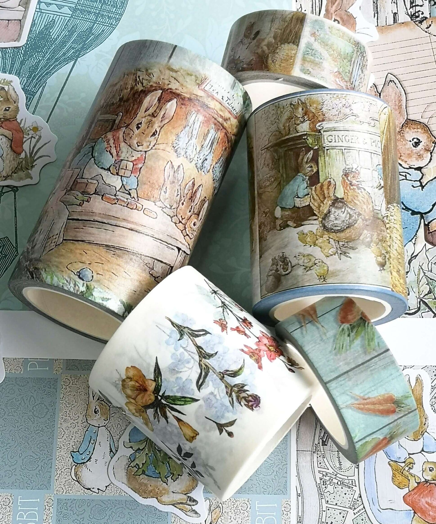 Peter Rabbit washi tapes Set of 5 Rolls. Extra Wide and Long (394") Rolls. for scrapbooks, Gift Wrapping, Decoupage, Crafts and Decorating