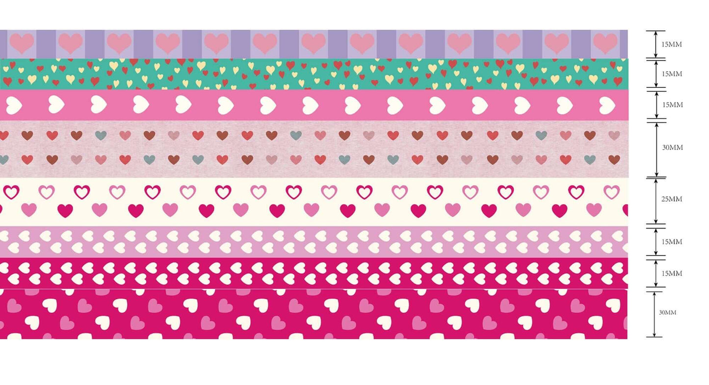 Love Hearts washi tapes collection of 9 Rolls. for scrapbooks, DIY Crafts, Decorating, Decoupage, and Gift Wrapping