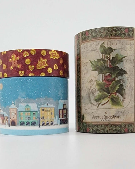 Ensemble de bandes washi vintage pour les vacances de Noël et l'hiver. Bandes extra larges mettant en vedette des bonhommes en pain d'épice, un village enneigé et des scènes victoriennes