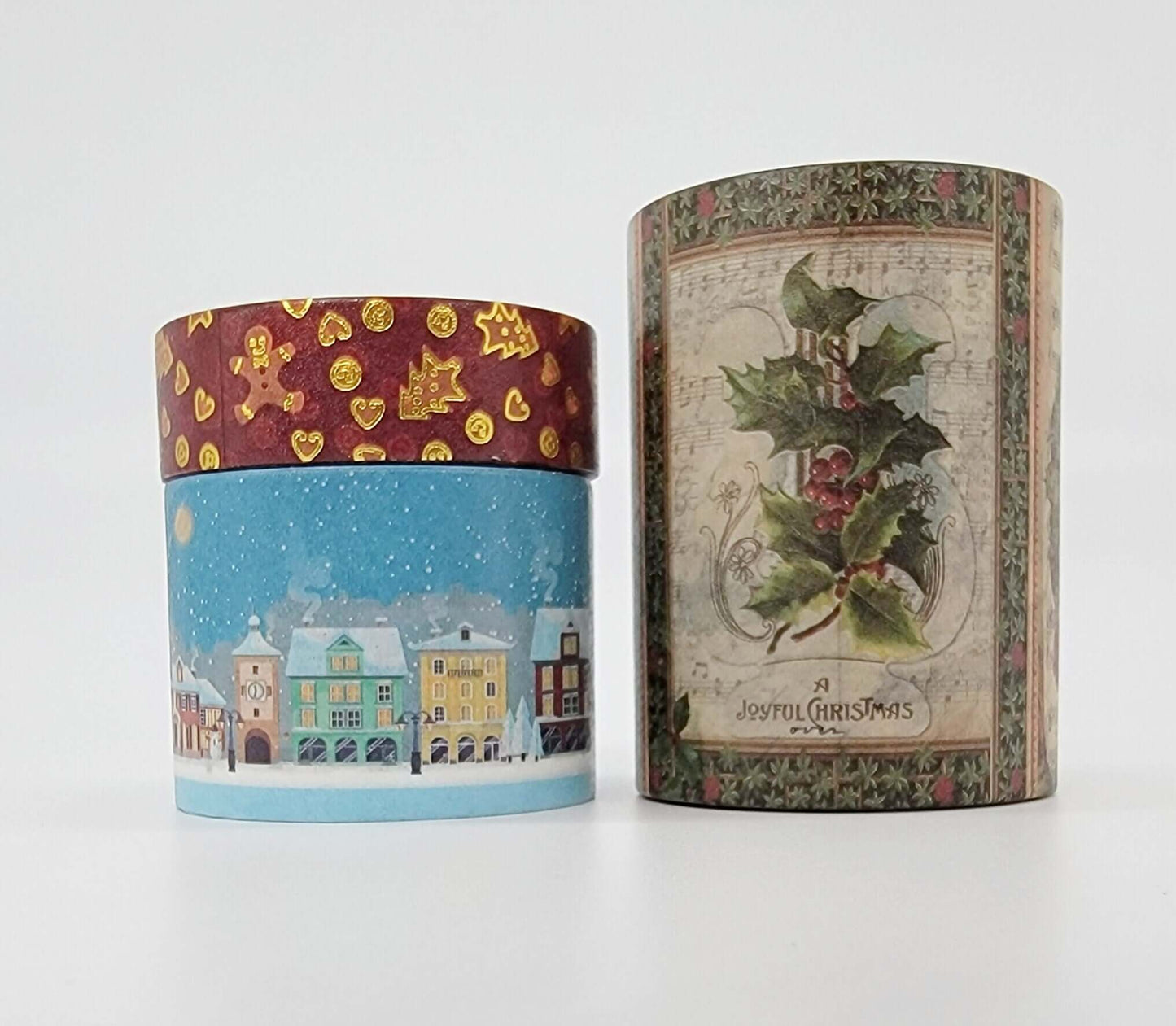 Vintage Christmas holiday winter washi Tapes Set. Extra Wide Tapes Featuring Gingerbread Men, a Snowy Village and Victorian scenes