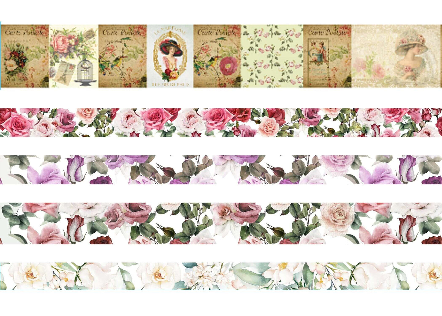 Vintage Victorian Roses Valentines Day washi Tape & Sticker Set. Incl Extra Wide Tape. Leaves no residue when removed!