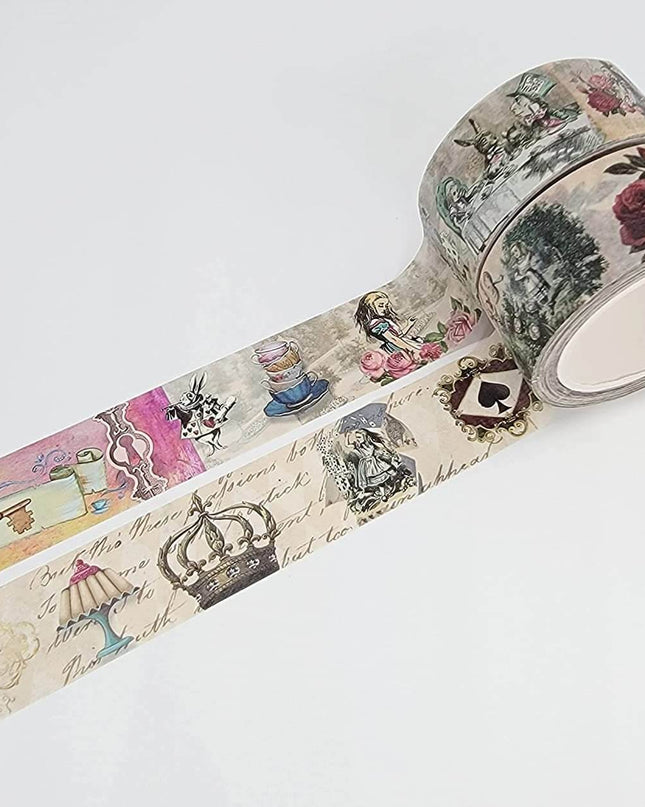 Alice in Wonderland Collage Tea Party decorative masking washi Tape Set. Multi USE - for scrapbooks, Gift Wrapping, DIY Crafts, Bullet journals