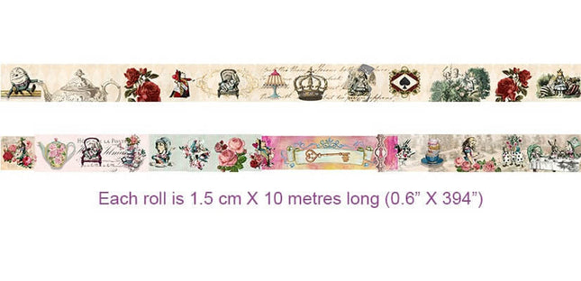 Alice in Wonderland Collage Tea Party decorative masking washi Tape Set. Multi USE - for scrapbooks, Gift Wrapping, DIY Crafts, Bullet journals